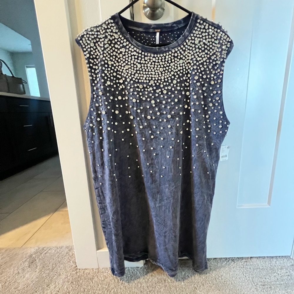Free People Embellished Sleeveless Shirt Dress - Blue